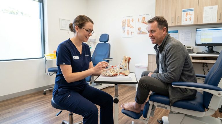 Lékař vysvětluje artrózu a strukturu kloubu palce nohy na anatomickém modelu