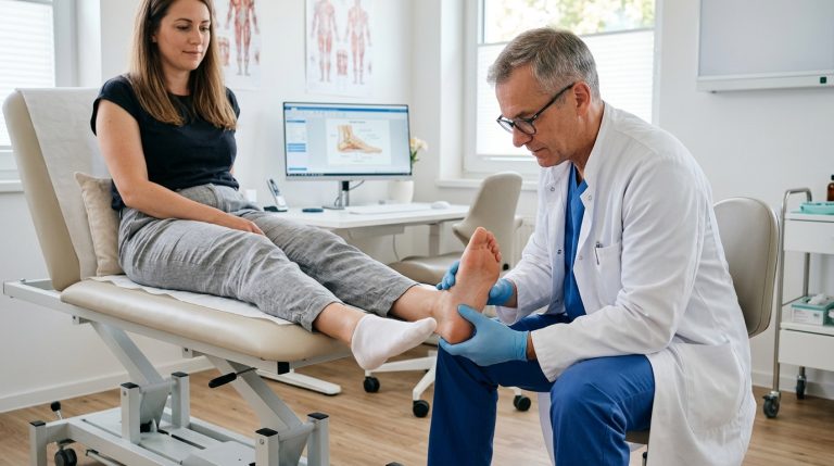 Podrobné vyšetření plosky nohy a plantární fascie lékařem v ordinaci