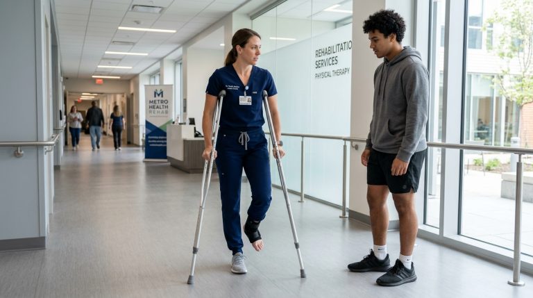 Fyzioterapeutka předvádí správnou techniku chůze o podpažních berlích bez došlapu
