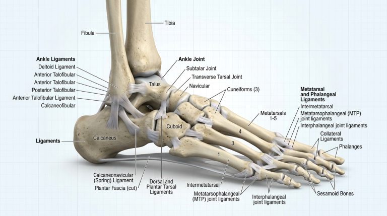 Přehledná anatomická 3D ilustrace kostry chodidla a kloubů nohy s popisem vazů