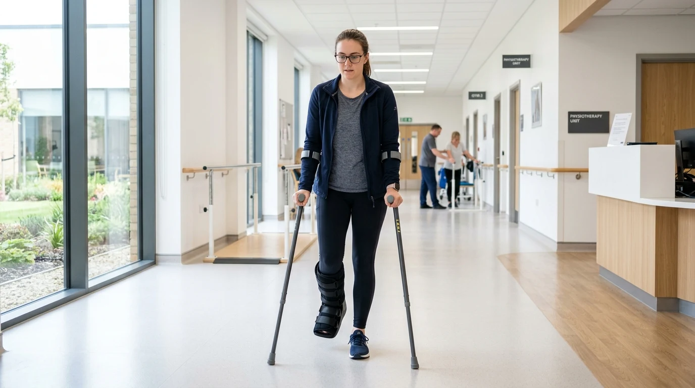 Pacient demonstrující správnou techniku chůze o francouzských berlích bez došlapu